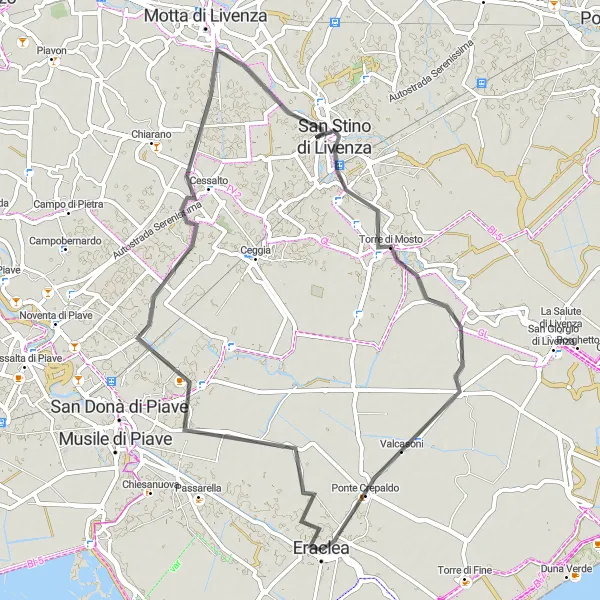 Mapa miniatúra "Okruh Cessalto na bicykli" cyklistická inšpirácia v Veneto, Italy. Vygenerované cyklistickým plánovačom trás Tarmacs.app