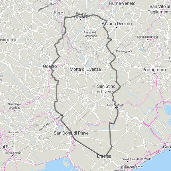 Map miniature of "Eraclea to Conca di Intestadura Route" cycling inspiration in Veneto, Italy. Generated by Tarmacs.app cycling route planner