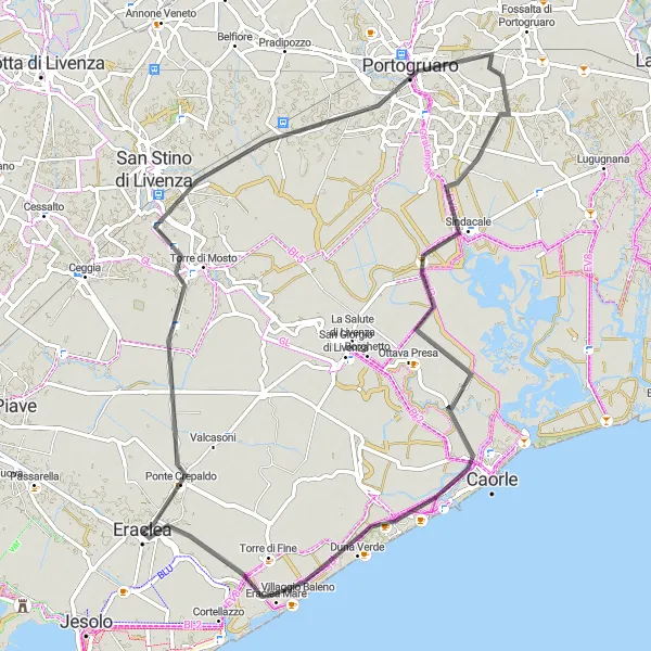 Miniatura della mappa di ispirazione al ciclismo "Giro in bicicletta da Eraclea" nella regione di Veneto, Italy. Generata da Tarmacs.app, pianificatore di rotte ciclistiche