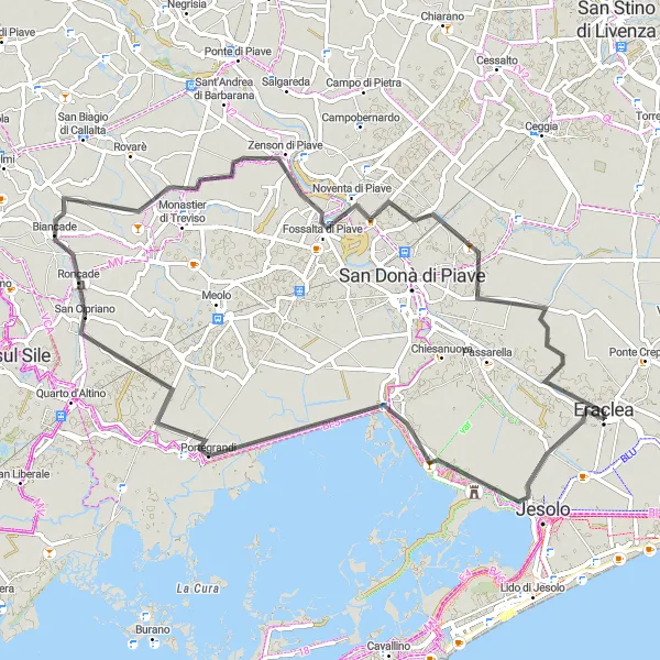 Mapa miniatúra "Jesolo a jeho okolie" cyklistická inšpirácia v Veneto, Italy. Vygenerované cyklistickým plánovačom trás Tarmacs.app