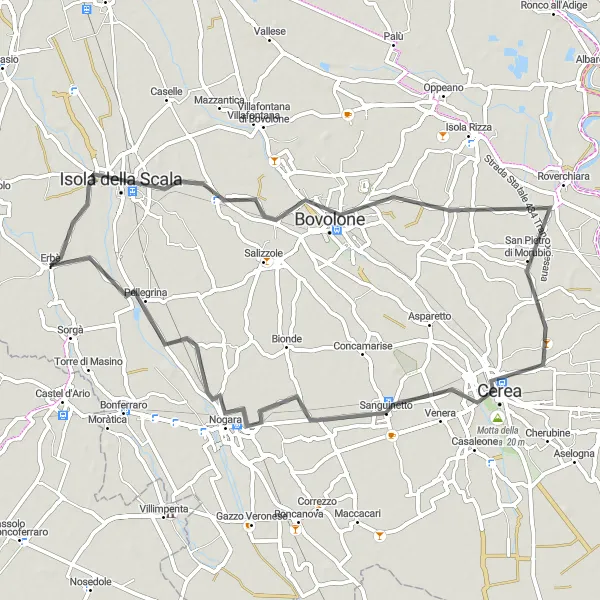 Map miniature of "Erbè Loop via Nogara" cycling inspiration in Veneto, Italy. Generated by Tarmacs.app cycling route planner