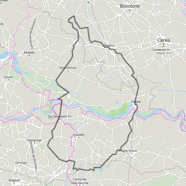 Map miniature of "Nogara to Roncoferraro Scenic Ride" cycling inspiration in Veneto, Italy. Generated by Tarmacs.app cycling route planner