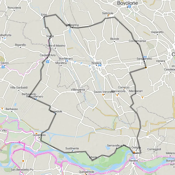 Miniaturní mapa "Silniční cyklotrasa kolem Ostiglia" inspirace pro cyklisty v oblasti Veneto, Italy. Vytvořeno pomocí plánovače tras Tarmacs.app