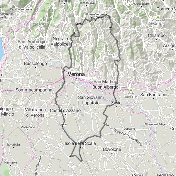 Miniatura della mappa di ispirazione al ciclismo "Sfida sulle colline veronesi" nella regione di Veneto, Italy. Generata da Tarmacs.app, pianificatore di rotte ciclistiche