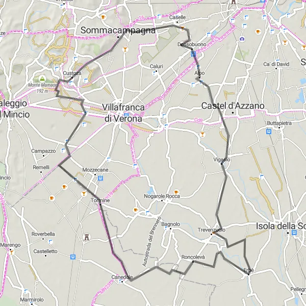 Map miniature of "Erbè to Sommacampagna Loop" cycling inspiration in Veneto, Italy. Generated by Tarmacs.app cycling route planner