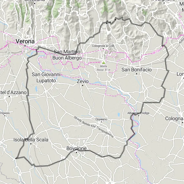 Miniatura della mappa di ispirazione al ciclismo "Tra le vigne e i castelli di Verona" nella regione di Veneto, Italy. Generata da Tarmacs.app, pianificatore di rotte ciclistiche