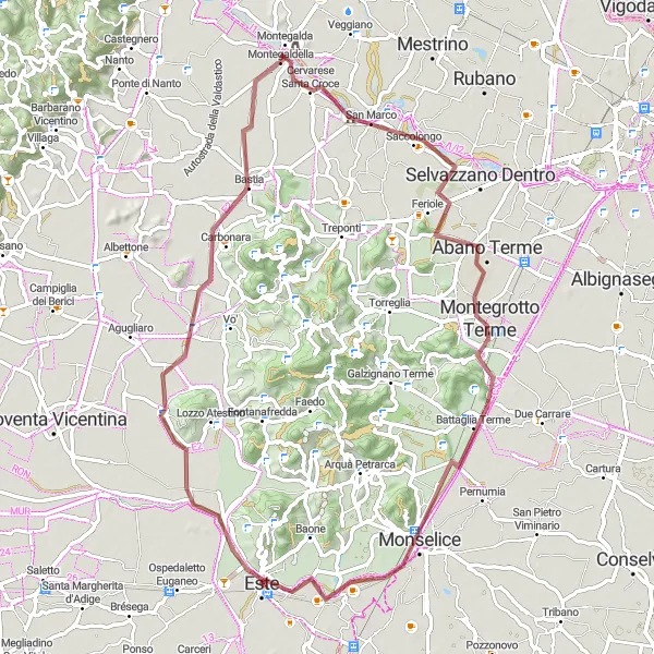 Miniature de la carte de l'inspiration cycliste "Tour autour d'Este et Montenuovo" dans la Veneto, Italy. Générée par le planificateur d'itinéraire cycliste Tarmacs.app
