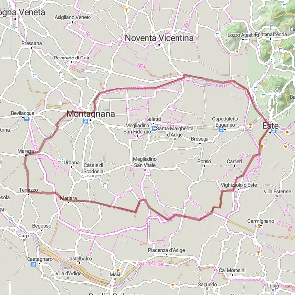 Mapa miniatúra "Cyklistická trasa pre gravel od Este cez Merlaru a Montagnanu" cyklistická inšpirácia v Veneto, Italy. Vygenerované cyklistickým plánovačom trás Tarmacs.app