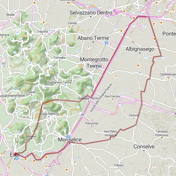 Miniature de la carte de l'inspiration cycliste "Défi montagneux de Baone à Este" dans la Veneto, Italy. Générée par le planificateur d'itinéraire cycliste Tarmacs.app