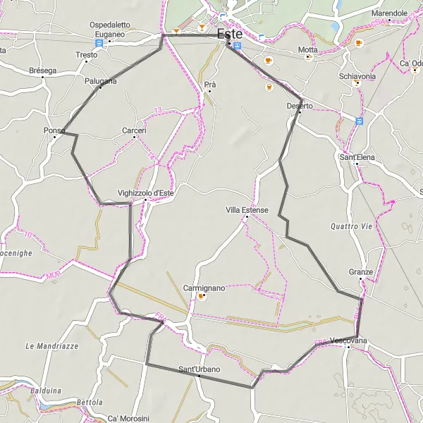 Miniature de la carte de l'inspiration cycliste "Boucle champêtre d'Este" dans la Veneto, Italy. Générée par le planificateur d'itinéraire cycliste Tarmacs.app