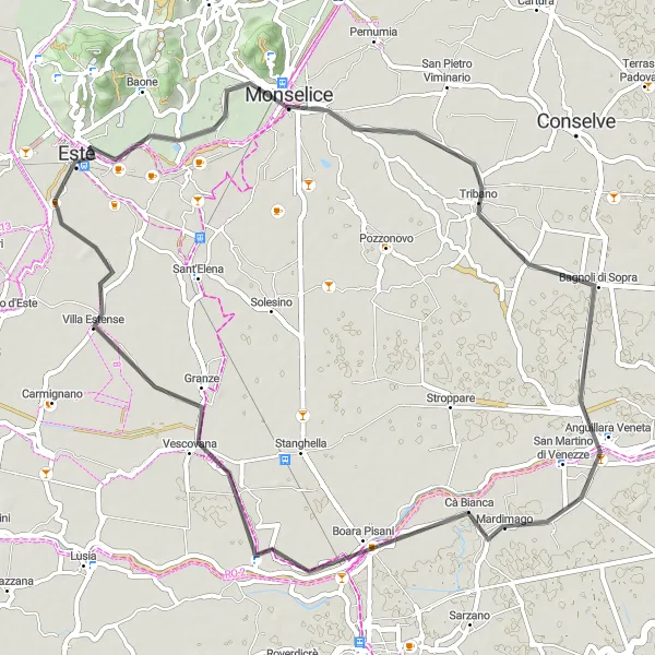 Miniatuurkaart van de fietsinspiratie "Ontspannen Road Route vanaf Este" in Veneto, Italy. Gemaakt door de Tarmacs.app fietsrouteplanner