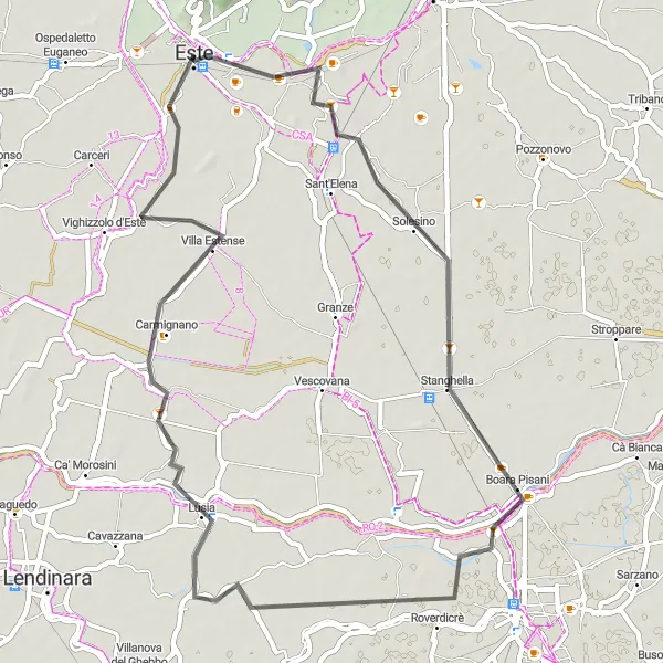 Zemljevid v pomanjšavi "Krožna kolesarska pot okoli Este" kolesarske inspiracije v Veneto, Italy. Generirano z načrtovalcem kolesarskih poti Tarmacs.app