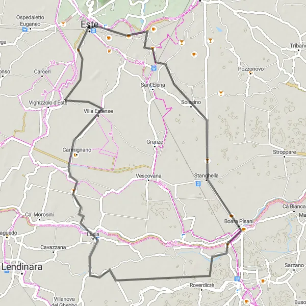 Miniatura della mappa di ispirazione al ciclismo "Giro cicloturistico da Solesino a Este" nella regione di Veneto, Italy. Generata da Tarmacs.app, pianificatore di rotte ciclistiche