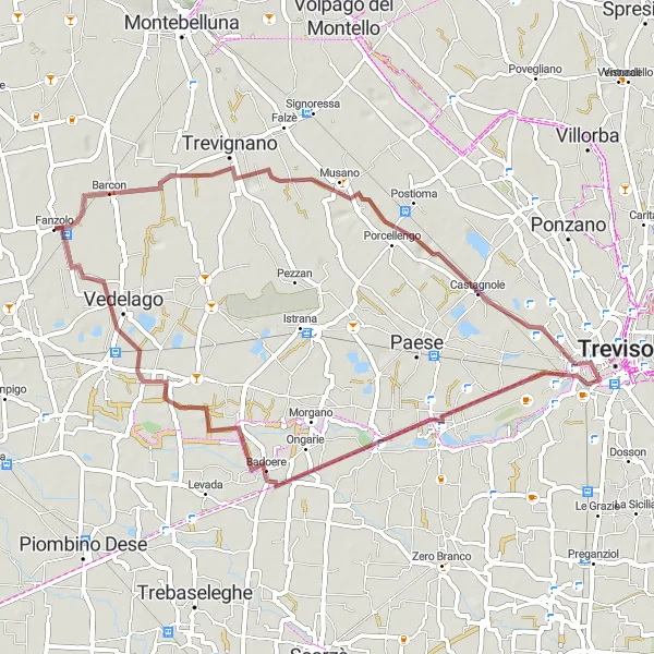 Kartminiatyr av "Monigo til Casacorba Gravel Utflukt" sykkelinspirasjon i Veneto, Italy. Generert av Tarmacs.app sykkelrutoplanlegger