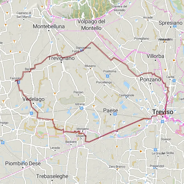 Zemljevid v pomanjšavi "Gravel kolesarska pustolovščina blizu Fanzola" kolesarske inspiracije v Veneto, Italy. Generirano z načrtovalcem kolesarskih poti Tarmacs.app