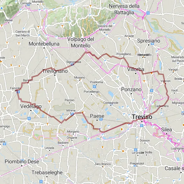 Mapa miniatúra "Trasa cez Signoressa, Villorba, Canale dei Buranelli, Istrana a Vedelago" cyklistická inšpirácia v Veneto, Italy. Vygenerované cyklistickým plánovačom trás Tarmacs.app