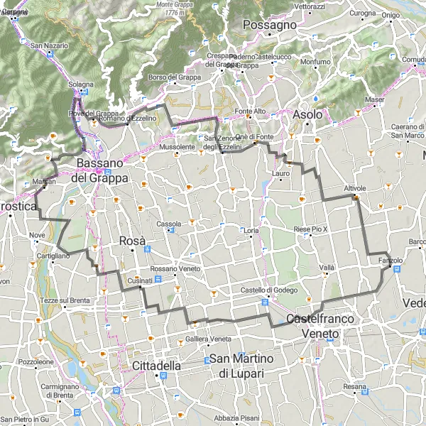 Karttaminiaatyyri "Kulttuurireitti ympäri Fanzoloa" pyöräilyinspiraatiosta alueella Veneto, Italy. Luotu Tarmacs.app pyöräilyreittisuunnittelijalla