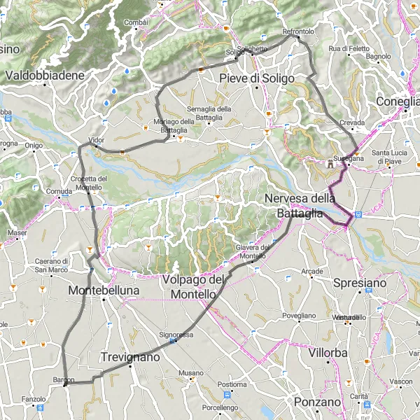 Map miniature of "The Road to Montello" cycling inspiration in Veneto, Italy. Generated by Tarmacs.app cycling route planner