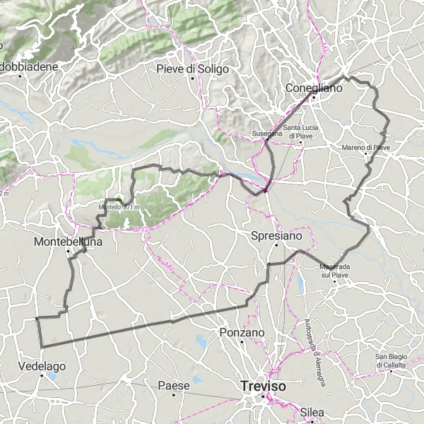 Kartminiatyr av "Landeveissykling rundt Fanzolo" sykkelinspirasjon i Veneto, Italy. Generert av Tarmacs.app sykkelrutoplanlegger