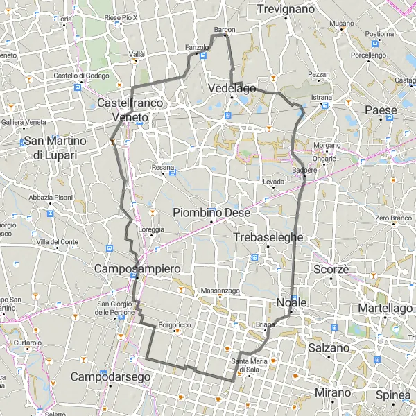 Miniaturní mapa "Cyklotrasa blízko Fanzola" inspirace pro cyklisty v oblasti Veneto, Italy. Vytvořeno pomocí plánovače tras Tarmacs.app