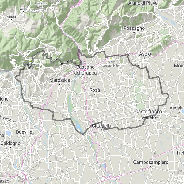 Map miniature of "The Enchanting Countryside Trail" cycling inspiration in Veneto, Italy. Generated by Tarmacs.app cycling route planner