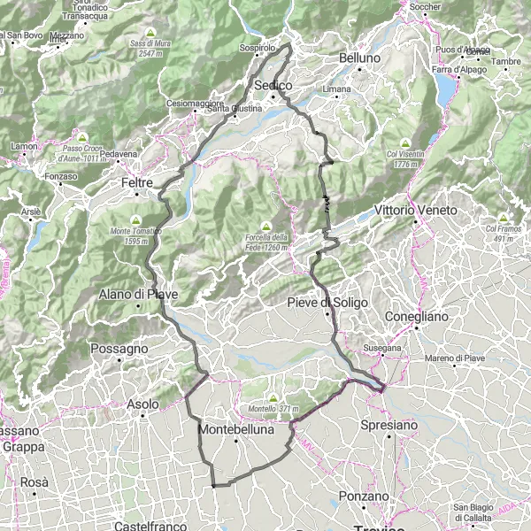 Karttaminiaatyyri "Haastava kierros Fanzolon ympäri" pyöräilyinspiraatiosta alueella Veneto, Italy. Luotu Tarmacs.app pyöräilyreittisuunnittelijalla