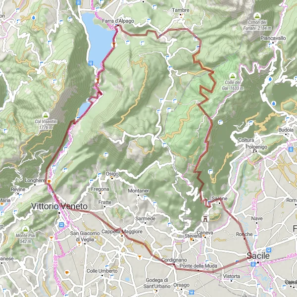 Miniatuurkaart van de fietsinspiratie "Gravel Cycling Route rond Farra d'Alpago" in Veneto, Italy. Gemaakt door de Tarmacs.app fietsrouteplanner