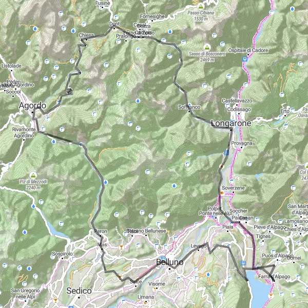 Miniatua del mapa de inspiración ciclista "Ruta de ciclismo de 114 km desde Farra d'Alpago" en Veneto, Italy. Generado por Tarmacs.app planificador de rutas ciclistas