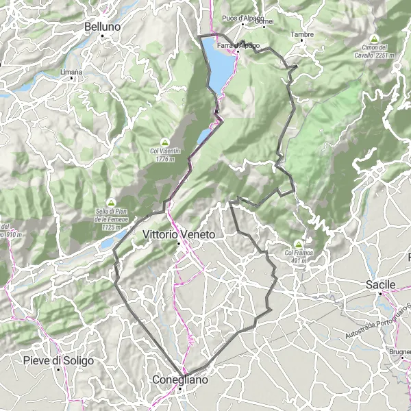 Miniaturní mapa "Okružní cyklistická trasa kolem Farra d'Alpago" inspirace pro cyklisty v oblasti Veneto, Italy. Vytvořeno pomocí plánovače tras Tarmacs.app