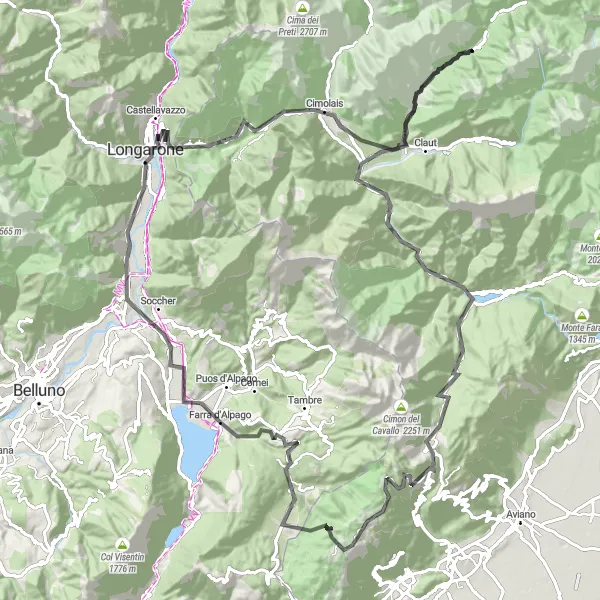 Miniatura della mappa di ispirazione al ciclismo "Tour in bicicletta a Farra d'Alpago" nella regione di Veneto, Italy. Generata da Tarmacs.app, pianificatore di rotte ciclistiche