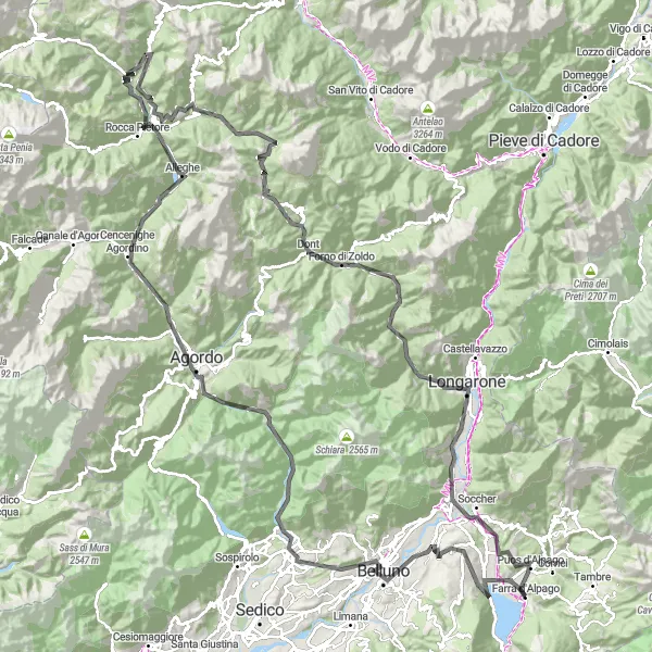 Miniatura della mappa di ispirazione al ciclismo "Ciclismo epico nelle montagne di Farra d'Alpago e oltre" nella regione di Veneto, Italy. Generata da Tarmacs.app, pianificatore di rotte ciclistiche