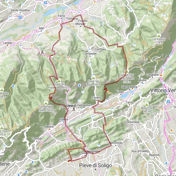 Map miniature of "Gravel Cycling Route: Follina - Forcella della Fede - Col de Saler - Refrontolo Circuit" cycling inspiration in Veneto, Italy. Generated by Tarmacs.app cycling route planner