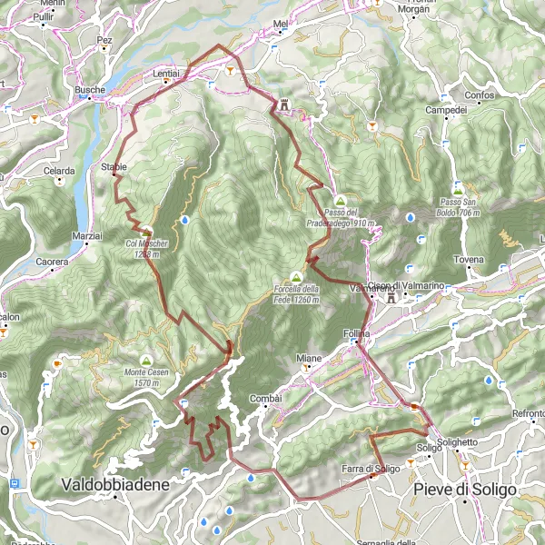Mapa miniatúra "Epic Gravel Adventure to Collagú" cyklistická inšpirácia v Veneto, Italy. Vygenerované cyklistickým plánovačom trás Tarmacs.app