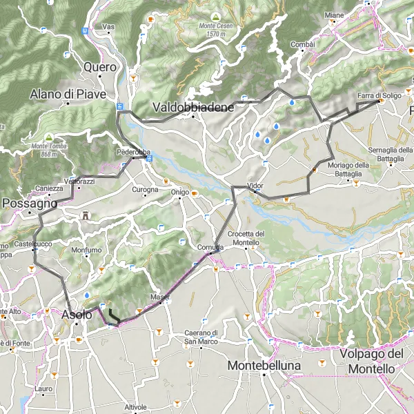 Map miniature of "Road Cycling Route: Vidor - Passo della Calchera - Asolo - Cavaso del Tomba Circuit" cycling inspiration in Veneto, Italy. Generated by Tarmacs.app cycling route planner