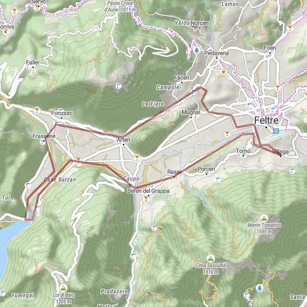 Map miniature of "The Feltre Gravel Adventure" cycling inspiration in Veneto, Italy. Generated by Tarmacs.app cycling route planner