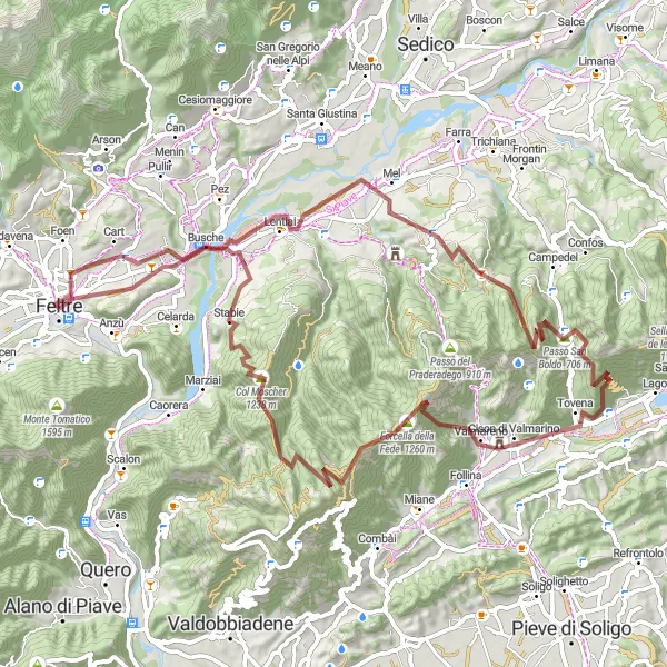 Kartminiatyr av "Grusväg till Col de la Orsola och Passo San Boldo" cykelinspiration i Veneto, Italy. Genererad av Tarmacs.app cykelruttplanerare