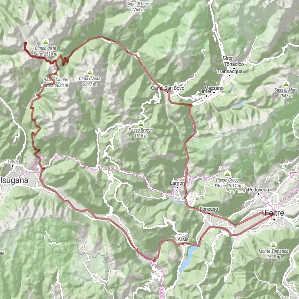 Kartminiatyr av "Grusvei til Passo Cinque Croci" sykkelinspirasjon i Veneto, Italy. Generert av Tarmacs.app sykkelrutoplanlegger