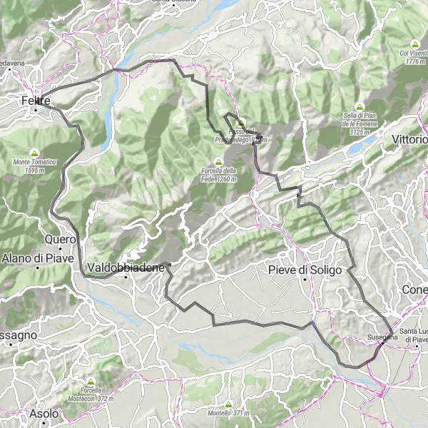 Miniatua del mapa de inspiración ciclista "Ruta Escénica por Carretera desde Feltre" en Veneto, Italy. Generado por Tarmacs.app planificador de rutas ciclistas