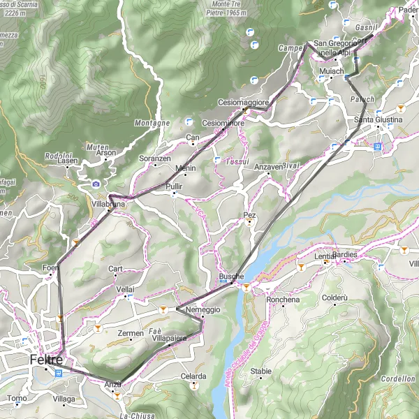 Map miniature of "Short and Sweet Road Ride - Exploring the Surroundings of Feltre" cycling inspiration in Veneto, Italy. Generated by Tarmacs.app cycling route planner