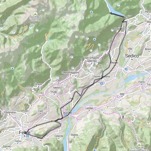 Map miniature of "Feltre Highlights - A Road Ride to Remember" cycling inspiration in Veneto, Italy. Generated by Tarmacs.app cycling route planner