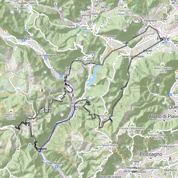 Kartminiatyr av "Feltre til Colle di Tast og tilbake" sykkelinspirasjon i Veneto, Italy. Generert av Tarmacs.app sykkelrutoplanlegger
