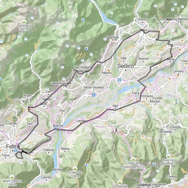 Karttaminiaatyyri "Feltre - Lentiai Loop" pyöräilyinspiraatiosta alueella Veneto, Italy. Luotu Tarmacs.app pyöräilyreittisuunnittelijalla