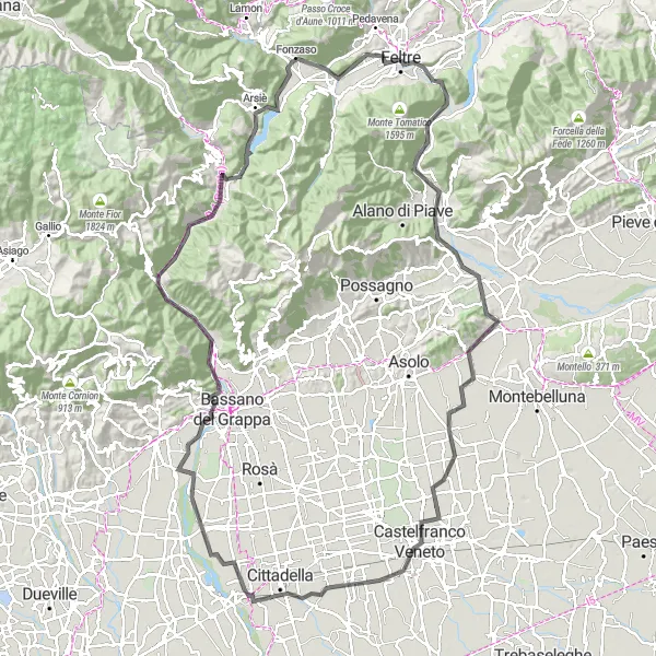 Miniaturní mapa "Venkovská cyklotrasa okolo Feltre" inspirace pro cyklisty v oblasti Veneto, Italy. Vytvořeno pomocí plánovače tras Tarmacs.app