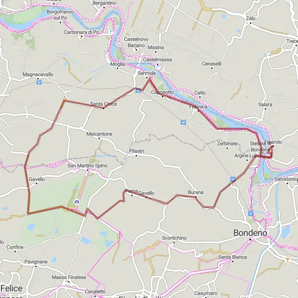 Map miniature of "Ficarolo-Barchessone Barbiere-Sermide-Ficarolo Gravel Route" cycling inspiration in Veneto, Italy. Generated by Tarmacs.app cycling route planner