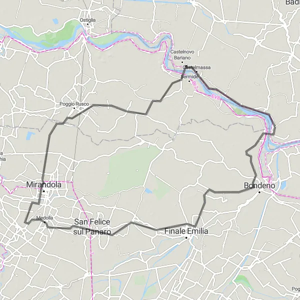 Map miniature of "Ficarolo-Bondeno-Finale Emilia-Medolla-Poggio Rusco-Castelmassa Round Trip" cycling inspiration in Veneto, Italy. Generated by Tarmacs.app cycling route planner