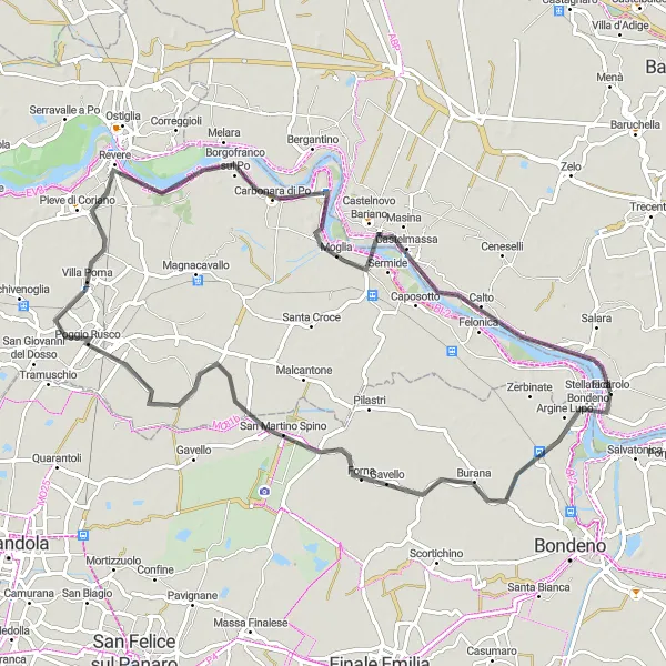 Miniaturní mapa "Cyklistická trasa okolo Ficarola - Stellata di Bondeno - San Martino Spino - Pieve di Coriano - Borgofranco sul Po - Castelmassa" inspirace pro cyklisty v oblasti Veneto, Italy. Vytvořeno pomocí plánovače tras Tarmacs.app