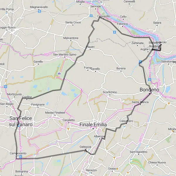 Map miniature of "Ficarolo-Bondeno-Palata Pepoli-San Felice sul Panaro-Ficarolo Round Trip" cycling inspiration in Veneto, Italy. Generated by Tarmacs.app cycling route planner