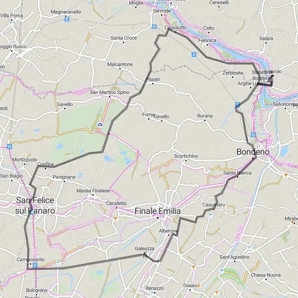 Miniatuurkaart van de fietsinspiratie "Fietsen rond Ficarolo via Bondeno, Palata Pepoli en San Felice sul Panaro" in Veneto, Italy. Gemaakt door de Tarmacs.app fietsrouteplanner