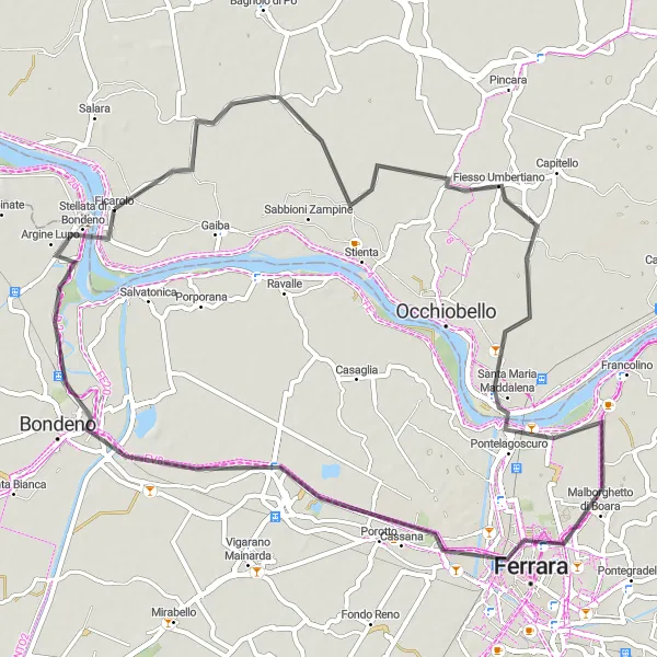 Zemljevid v pomanjšavi "Kolesarska pot do Fiesso Umbertiano" kolesarske inspiracije v Veneto, Italy. Generirano z načrtovalcem kolesarskih poti Tarmacs.app