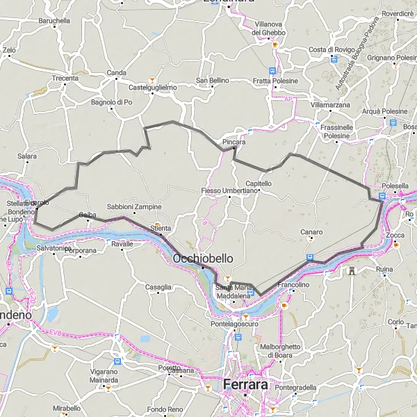 Kartminiatyr av "Cykeltur till Ficarolo via Pincara" cykelinspiration i Veneto, Italy. Genererad av Tarmacs.app cykelruttplanerare